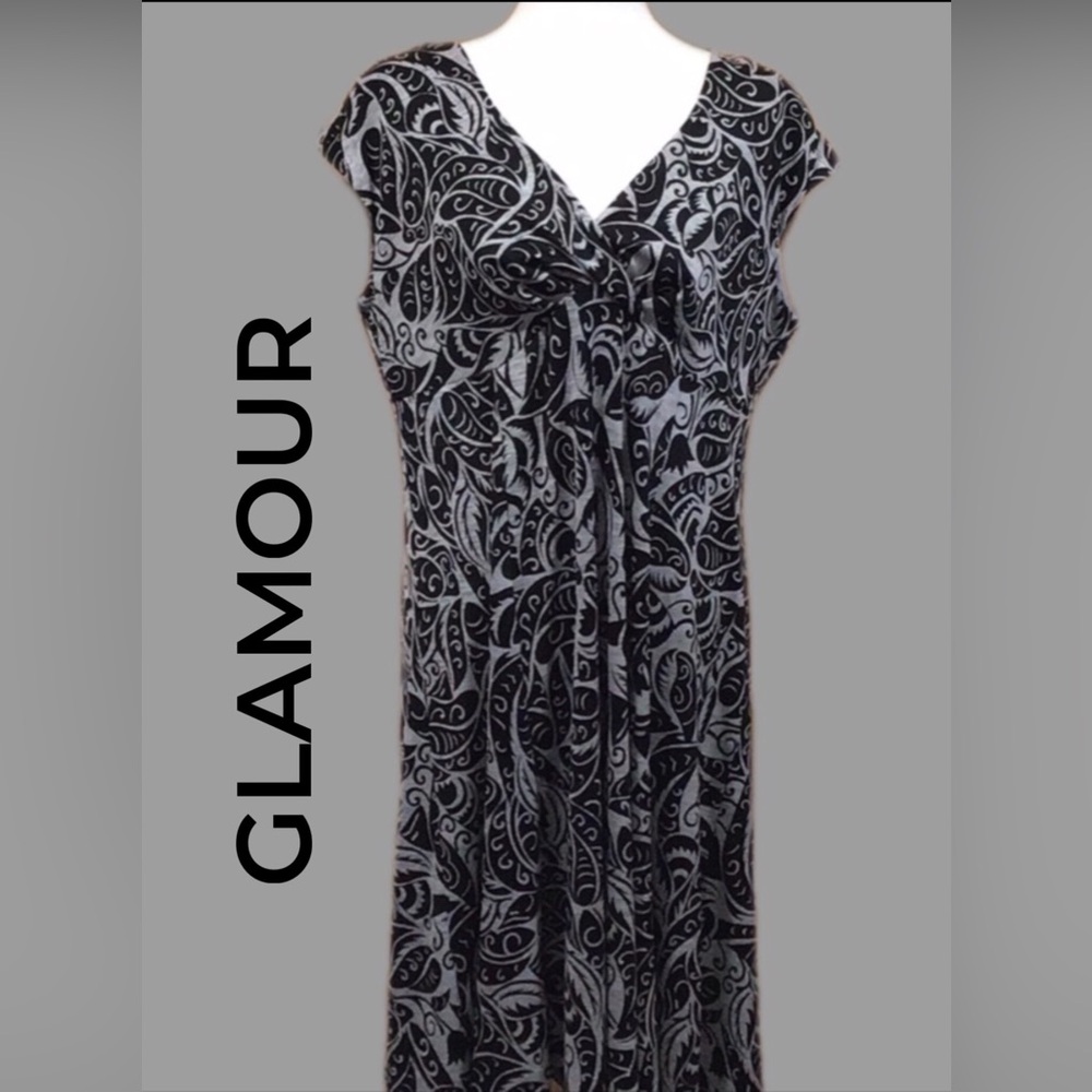 GLAMOUR Empire Waist Monochrome Black and Gray Print Dress,‎ Size 14W